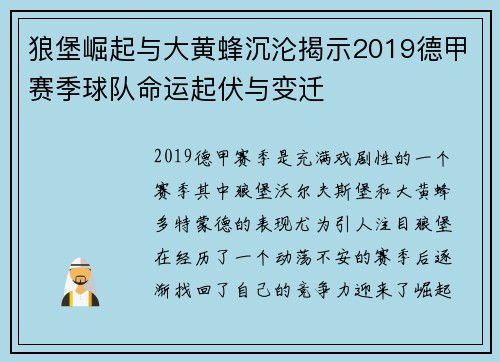 狼堡崛起与大黄蜂沉沦揭示2019德甲赛季球队命运起伏与变迁