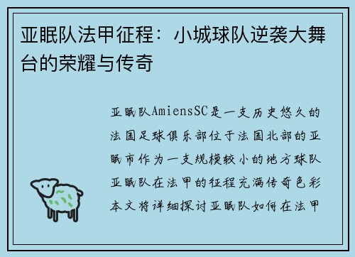 亚眠队法甲征程:小城球队逆袭大舞台的荣耀与传奇