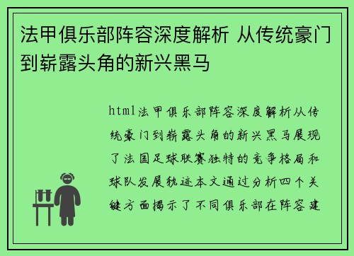 法甲俱乐部阵容深度解析 从传统豪门到崭露头角的新兴黑马