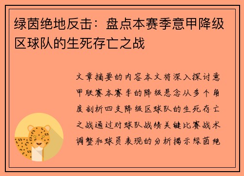 绿茵绝地反击:盘点本赛季意甲降级区球队的生死存亡之战